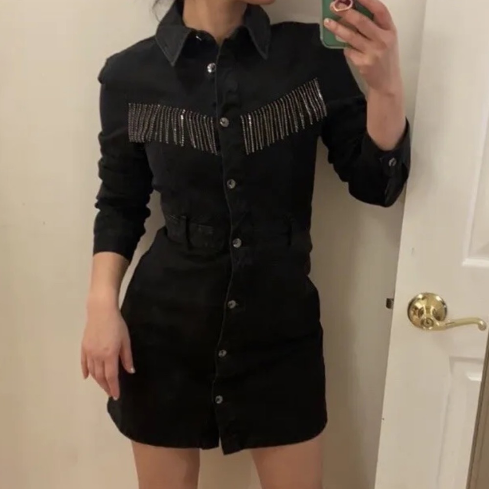 Zara Dress Black Denim Western Fringe Button Front Rhinestones